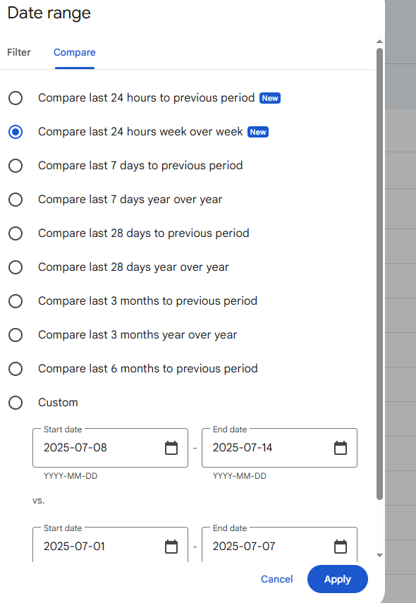 Compare last 24 hours week over week” option under the Performance section of Google Search Console